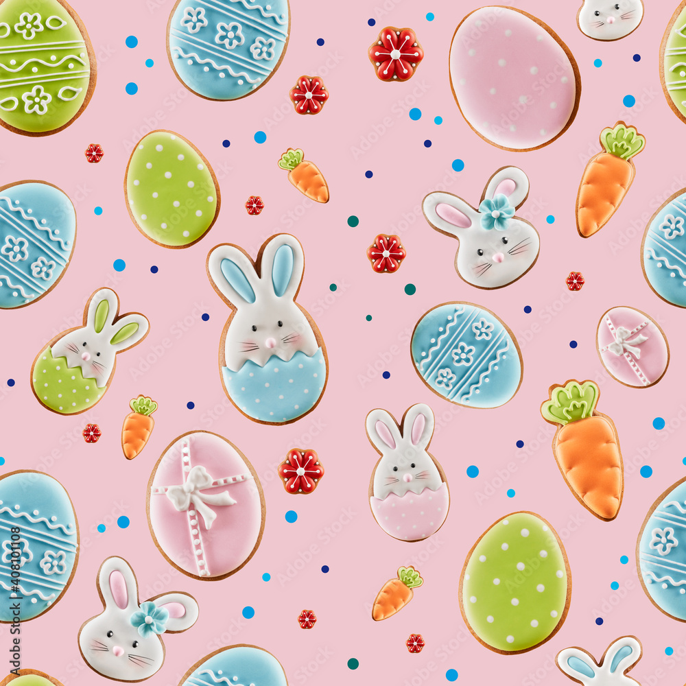 Easter ginger cookies on pink background.