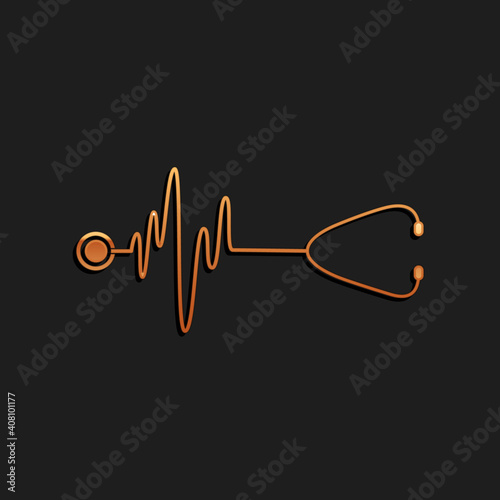 Gold Stethoscope with a heart beat icon isolated on black background. Medical concept. Pulse care symbol. Long shadow style. Vector.