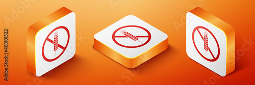Isometric Gluten free grain icon isolated on orange background. No wheat sign. Food intolerance symbols. Orange square button. Vector.