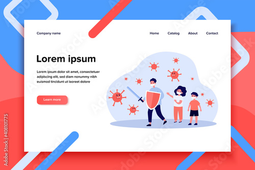 Children in masks fighting against angry viruses. Sword, shield, protection flat vector illustration. Pandemic and coronavirus concept for banner, website design or landing web page