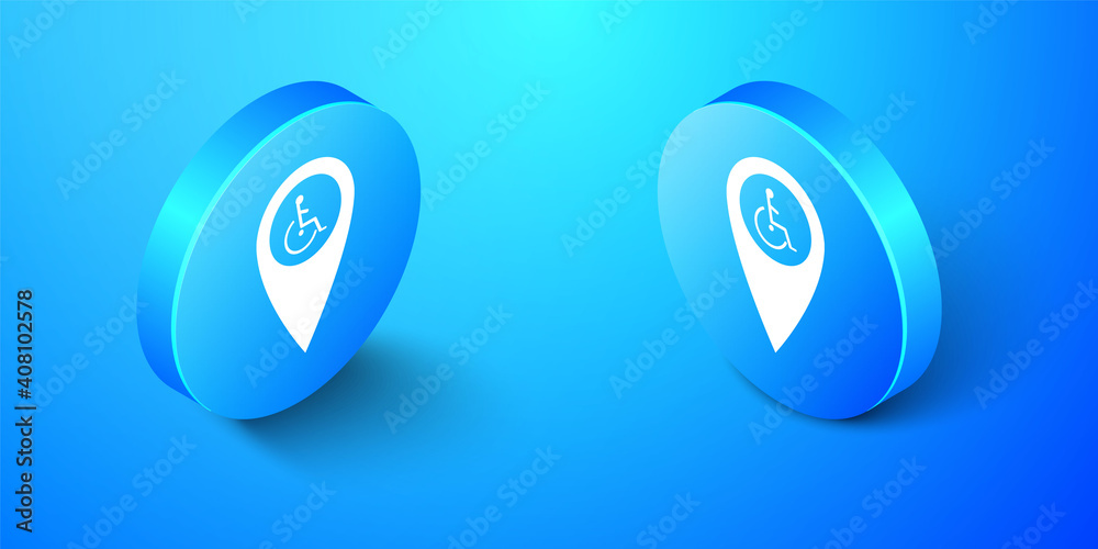 Obraz premium Isometric Disabled Handicap in map pointer icon isolated on blue background. Invalid symbol. Wheelchair handicap sign. Blue circle button. Vector.