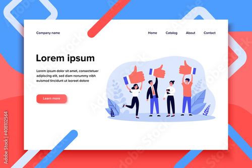 Happy clients giving positive feedback to product quality. Customers showing like, giving support to top service. Vector illustration for rating, survey, marketing, business success concept