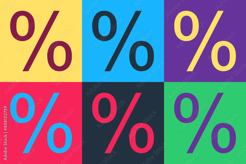 Pop art Percent symbol discount icon isolated on color background. Sale percentage - price label, tag. Vector. Pop art Percent symbol discount icon isolated on color background. Sale percentage - price label, tag. Vector.