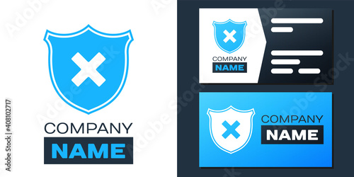 Logotype Shield and cross x mark icon isolated on white background. Denied disapproved sign. Protection, safety, security concept. Logo design template element. Vector.