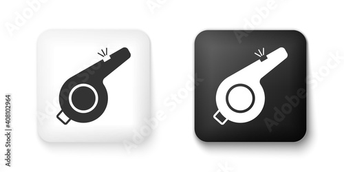 Black and white Whistle icon isolated on white background. Referee symbol. Fitness and sport sign. Square button. Vector.