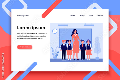 Happy children and teacher standing together in classroom. Class, classmates, pupils flat vector illustration. Primary school, education concept for banner, website design or landing web page