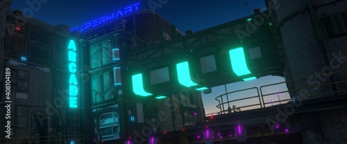 Futuristic city against blue night sky. Neon cyberpunk future. 3D illustration. Night scene with multicolored neon lighting. Dark industrial landscape