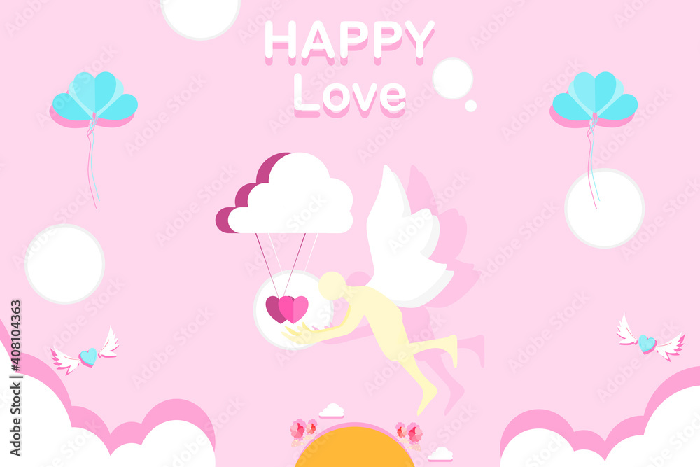 Concept happy love. Cupid flying in the air  While holding my hand, my heart is with the clouds and the hearts floating around.  Banner style vector illustration for content  Valentine's day, lovers 