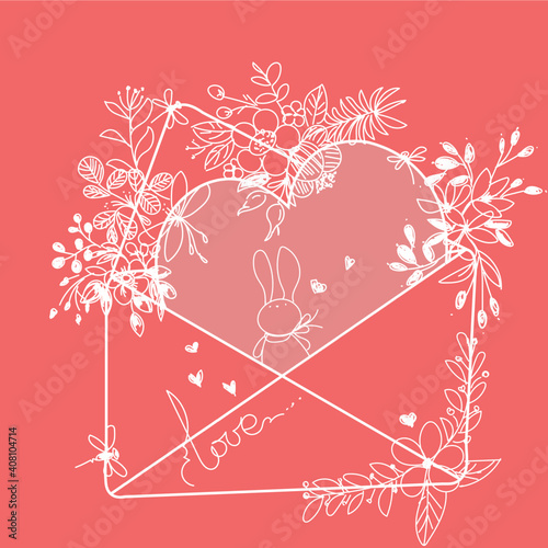 This is a mailing envelope with a gift inside - heart and a small bunny. The heart is decorated with flowers in a doodle style.