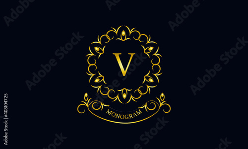 Stylish decorative monogram with a possible inscription and the letter V. Exclusive gold logo on a dark background for a cafe, a symbol of business, restaurant, hotel, invitations, menus, labels, fash