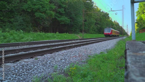 Train on railway by the forest