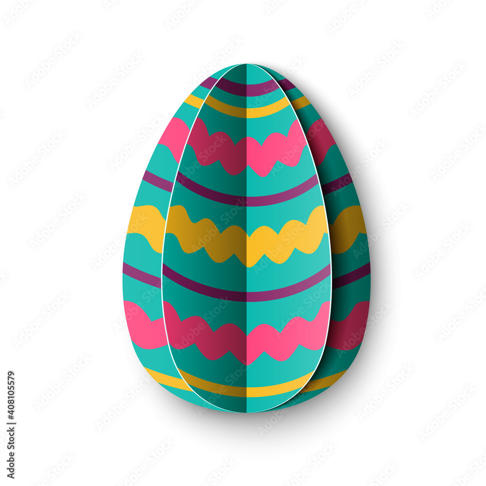 Easter blue Egg with ornament in cut paper style isolated on white background. Colored paper origami technique and trendy design. Vector illustration