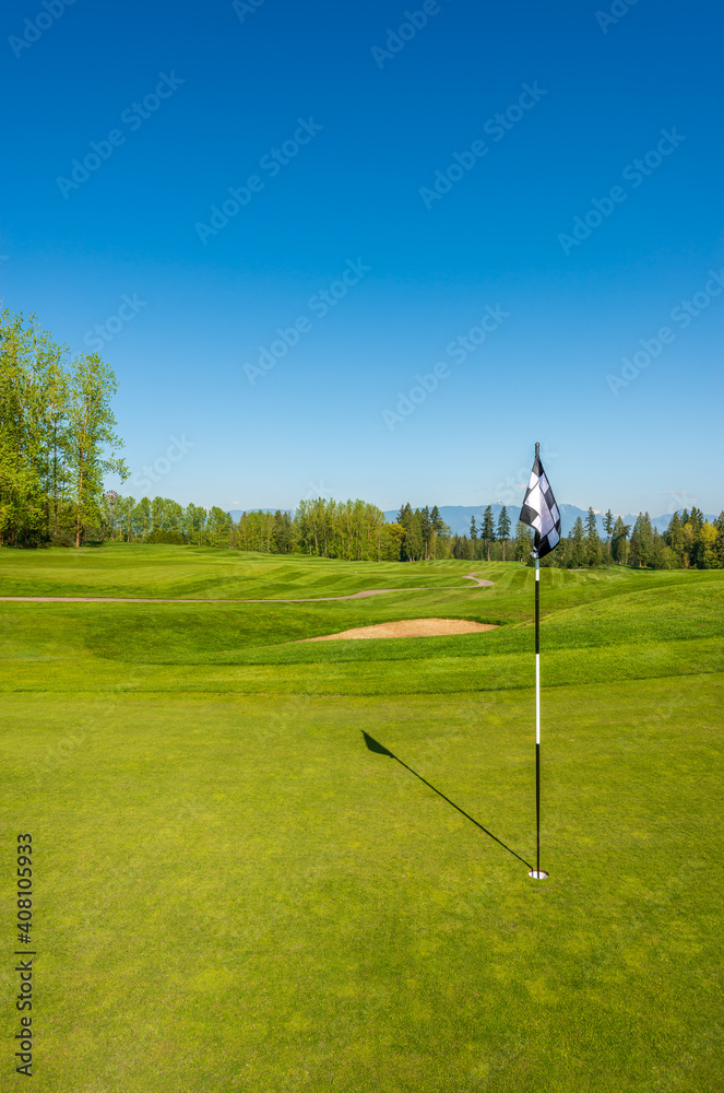 Obraz premium Golf course with flag and fantastic forest view.