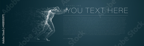 Man pushing text block vector illustration. Buisness concept. Low poly mesh vector render. The shape consists of lines, dots and polygones. Wireframe connection structure.