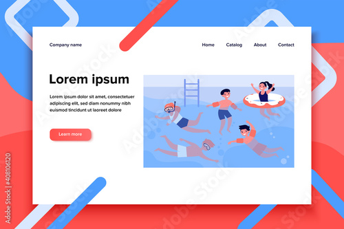 Happy children in swimming pool isolated flat vector illustration. Cartoon kids in swimwear playing in water with friends. Summer activity and vacation concept