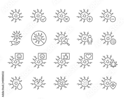 Set of neuron line icon. Healthy nerve cell, neural tissue illness, diagnosis, treatment and more.