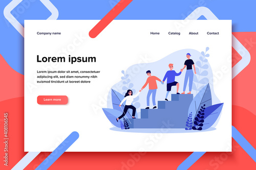 Disabled people helping to each other. Handicapped men and women holding hands and climbing upstairs flat vector illustration. Community, support concept for banner, website design or landing web page