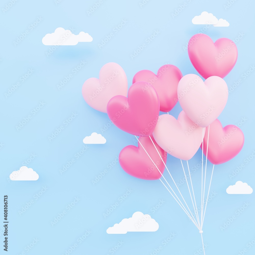 Valentine's day, love concept background, pink and white 3d heart shaped balloons bouquet floating in the sky with paper cloud