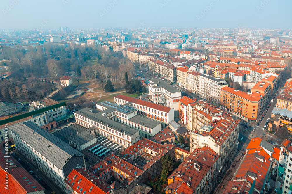 Aerial view of Turin city . Panorama of torino in Italy . Aerial shot of streets and rooftops