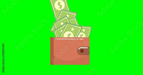Wallet with stacks paper money cash icon isolated on green screen. Purse icon. Cash savings symbol. 4K Video motion graphic animation. Flat Animated Icon. 4k Animated Digital Currency.
