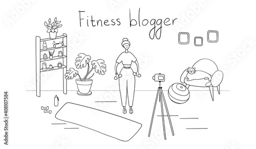 Woman blogger is recording content for her video blog. Young female vlogger doing exercises. Sportswoman streaming for her followers with camera on tripod. Fitness and healthy lifestyle concept