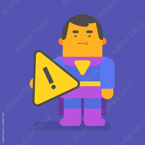 Superhero holding exclamation mark. Vector character