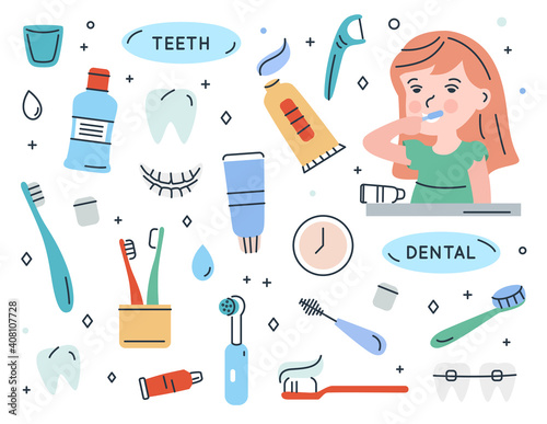 Girl brushing teeth set of items for cleaning teeth. Children dental care.