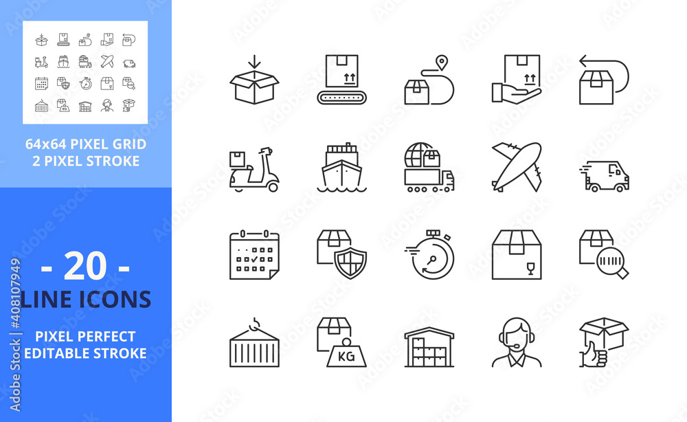 Line icons about shipping. Pixel perfect 64x64 and editable stroke Line icons about shipping. Pixel perfect 64x64 and editable stroke