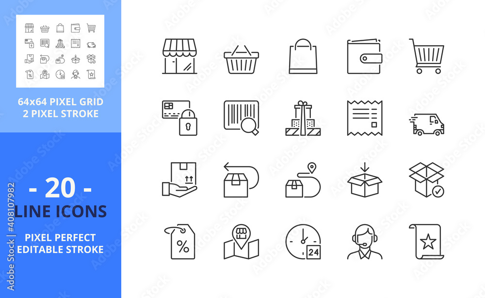 Line icons about shopping. Pixel perfect 64x64 and editable stroke Line icons about shopping. Pixel perfect 64x64 and editable stroke