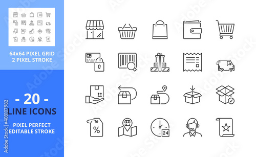 Line icons about shopping. Pixel perfect 64x64 and editable stroke