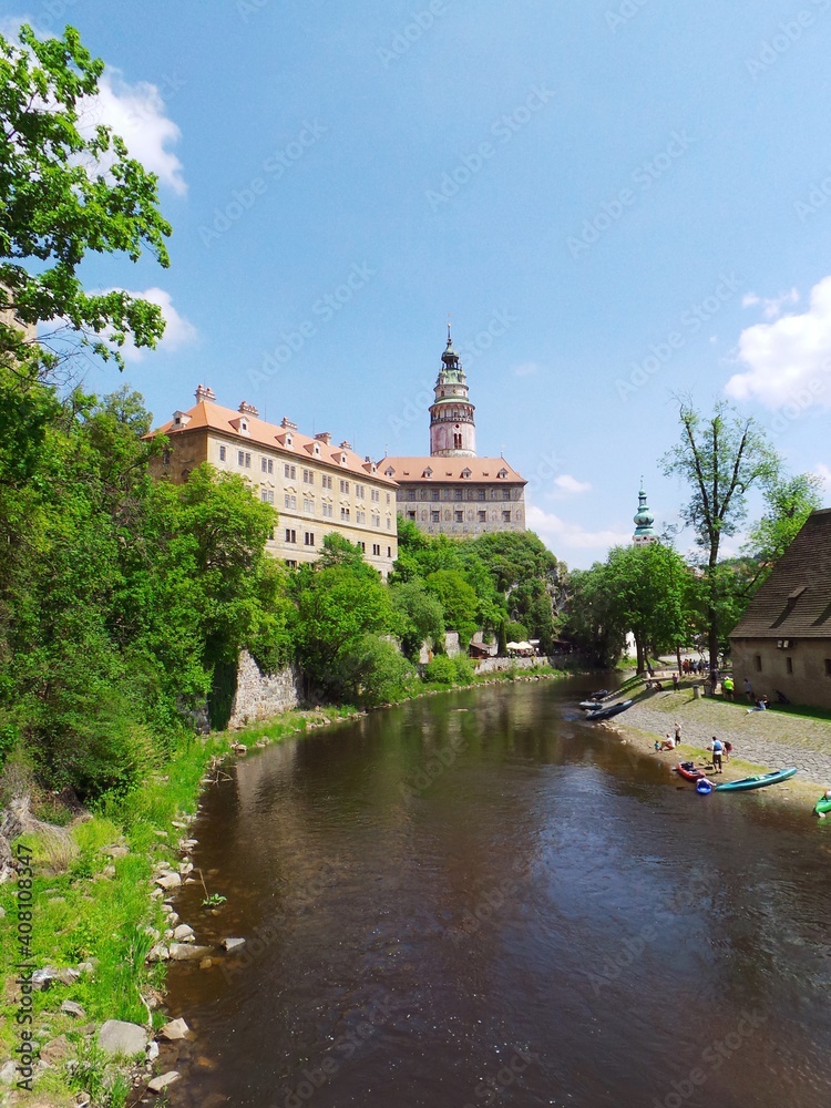 Česky Krumlov, Czech Republic, view of the old part of town with river and church
