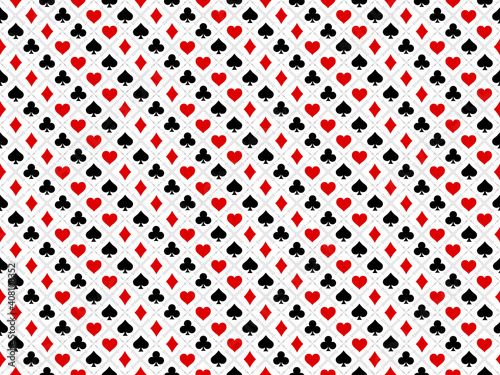 Background for poker and casino. Pattern from the suits of a deck of cards. Black and red symbols on white background.