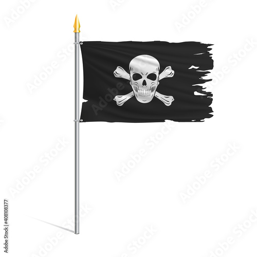 Torn Pirate black flag in the wind on a pole isolated on white background.