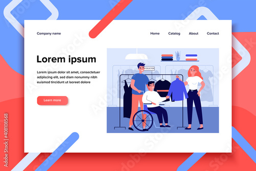 Friends helping handicapped man in clothes store. Assistance, care, nursing flat vector illustration. Friendship and relationship concept for banner, website design or landing web page