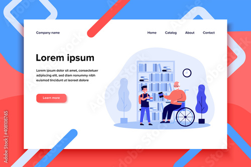 Grandpa in wheelchair and boy holding books. Library, bookshelf, home flat vector illustration. Education and study concept for banner, website design or landing web page