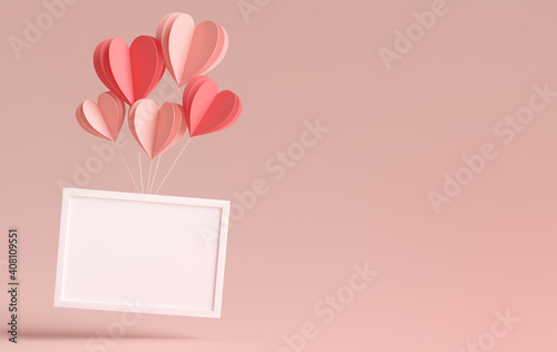 Horizontal white photo frame mockup floating with paper hearts and copyspace for Valentines day in 3D rendering. Elegant illustration wedding image template