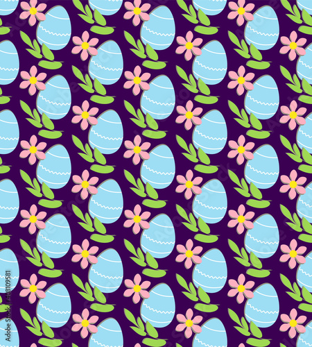 Easter seamless pattern. Traditional elements, egg, flower, leaves. Bright purpur background is easy to change