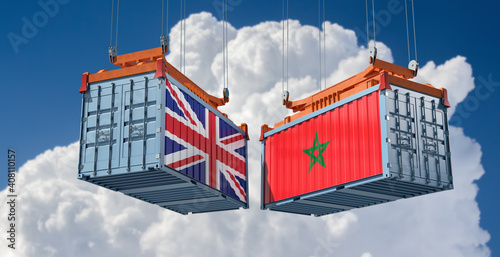 Freight containers with United Kingdom and Morocco flag. 3D Rendering 