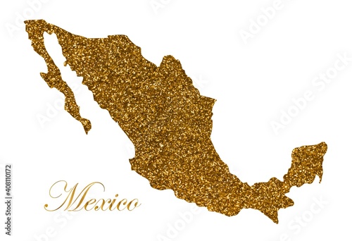 Map of Mexico. Silhouette with golden glitter texture