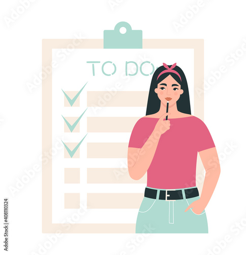 Checklist, to do list, productivity concept. Woman holding a pencil and marking done tasks on a clipboard. Girl planning daily routine, organizing work and time. Isolated flat vector illustration