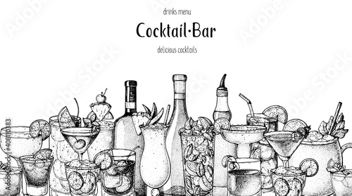 Alcoholic cocktail sketch. Hand drawn vector illustration. Hand drawn drinks illustration. Cocktails set. Menu design elements.