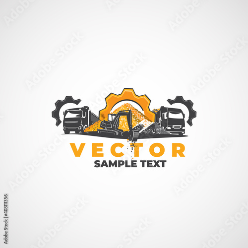 Construction heavy truck, excavator, gear and mounds of minerals.
