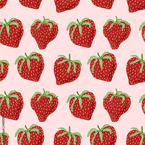 Fototapeta Naklejka Na Ścianę i Meble -  Flat style seamless pattern of strawberries. Trendy vector wallpaper with hand drawn strawberry on pink. Infinite background concept for package, wrapper, stationery, cover, textile, fabric, web.
