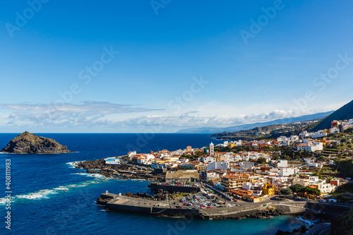 Aerial view of Garachico village on the coast of Atlantic ocean in Tenerife island of Spain