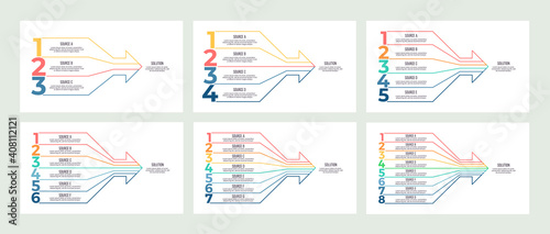 Business infographic. Arrow chart with 3, 4, 5, 6, 7, 8 options. Vector template.