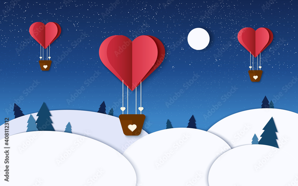 Romantic illustration in winter paper cut. Heart air balloons fly in the night sky. Valentine day design. Paper craft. Vector illustration with heart balloon, night, forest, stars and moon. Romantic illustration in winter paper cut. Heart air balloons fly in the night sky. Valentine day design. Paper craft. Vector illustration with heart balloon, night, forest, stars and moon.