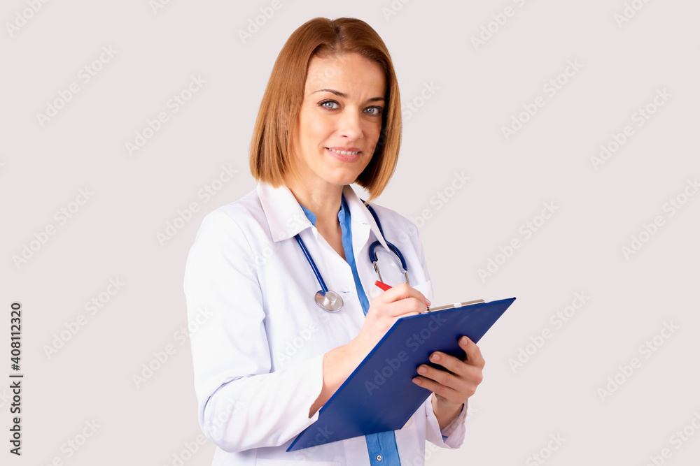 Middle aged female doctor portrait at isolated white background Middle aged female doctor portrait at isolated white background