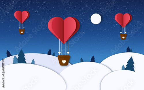 Romantic illustration in winter paper cut. Heart air balloons fly in the night sky. Valentine day design. Paper craft. Vector illustration with heart balloon, night, forest, stars and moon.