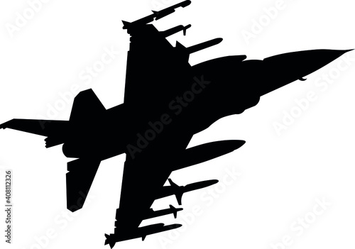 F16 plane, flight of the F16 military plane.  Isolated 
 silhouette	