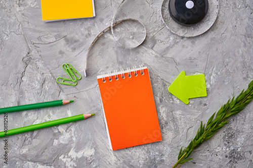 Stationery supplies closeup, marble background